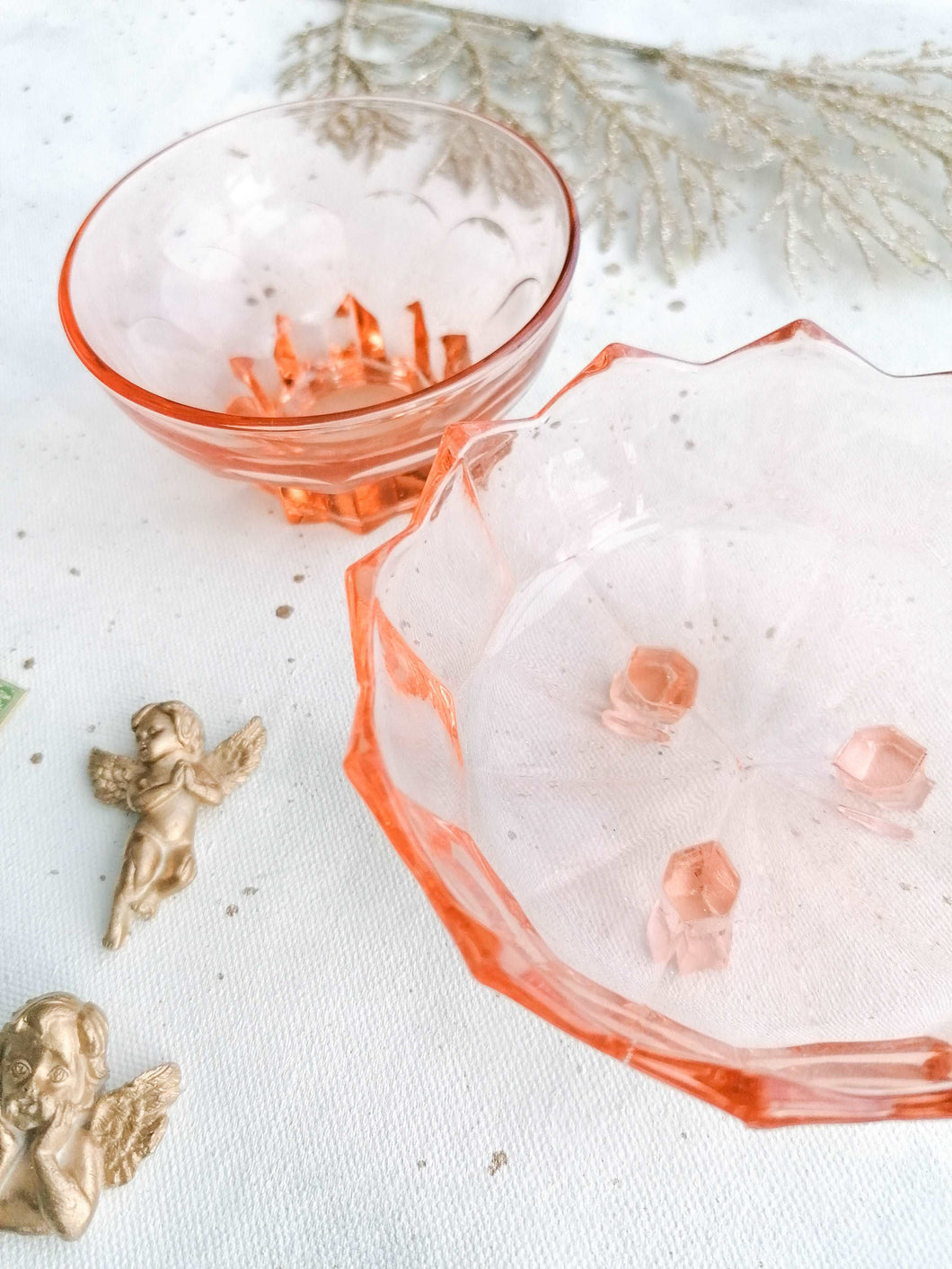 Set of rose glass trinket dishes